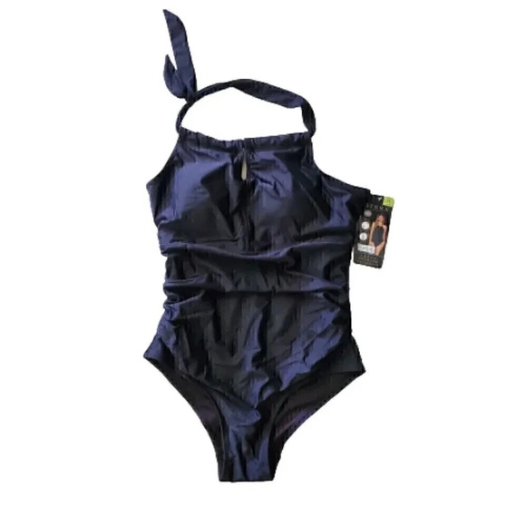 Women's SERRA Black One-Piece Keyhole Tank Swimsuit SZ M Medium 8/10 Halter Top - Picture 1 of 9